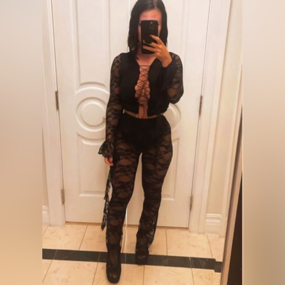 Two piece black lace set worn one